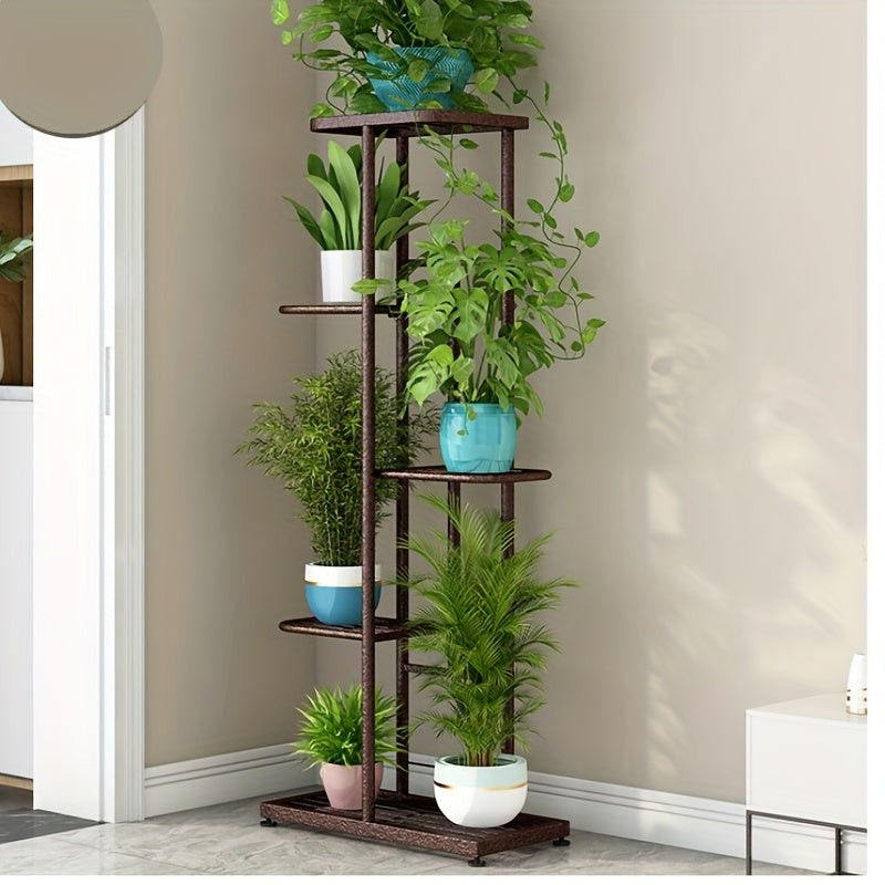 1pc 5 capas hierro forjado estante de la flor con 6 ollas-perfecto para balcón, plantas suculentas y decoración del hogar-Simple planta de montaje soporte para sala de estar