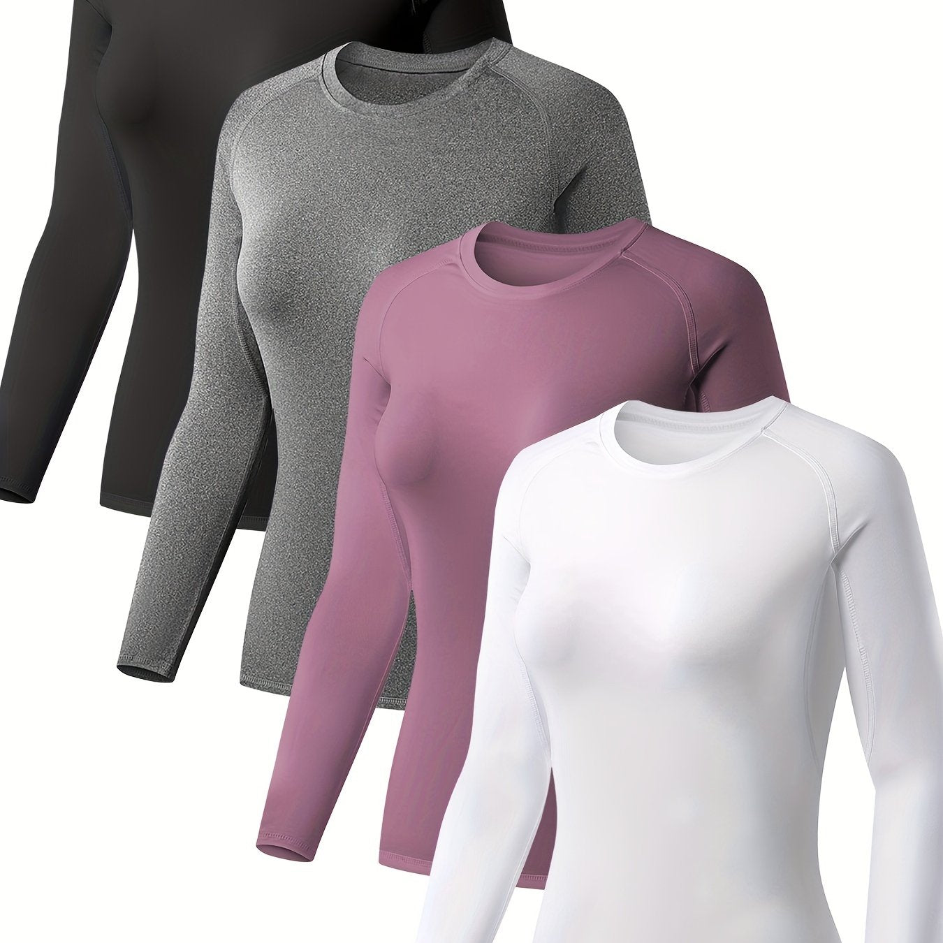 4Pcs Solid Color Sporty T-Shirt, Long Sleeves Round Neck Mid-Stretch Fitness Top, Women's Activewear