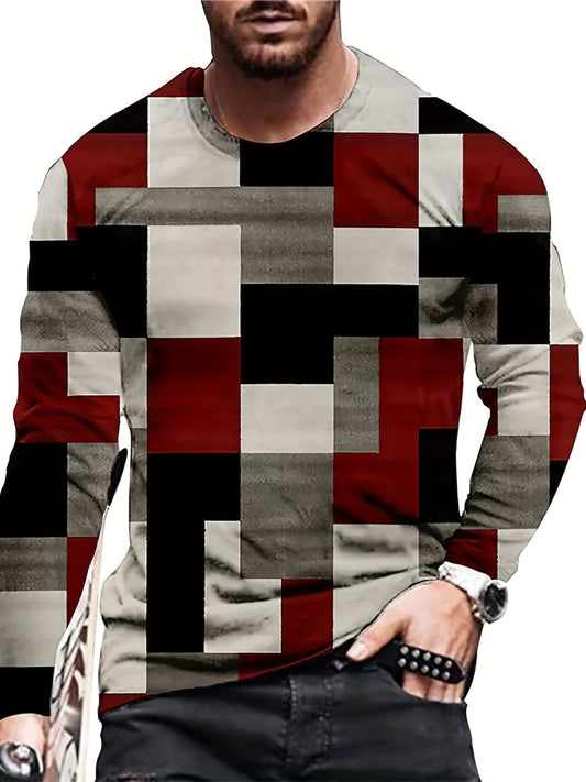 Color Block Checked Men's Retro Long Sleeve Crew Neck T-shirt, Spring Fall