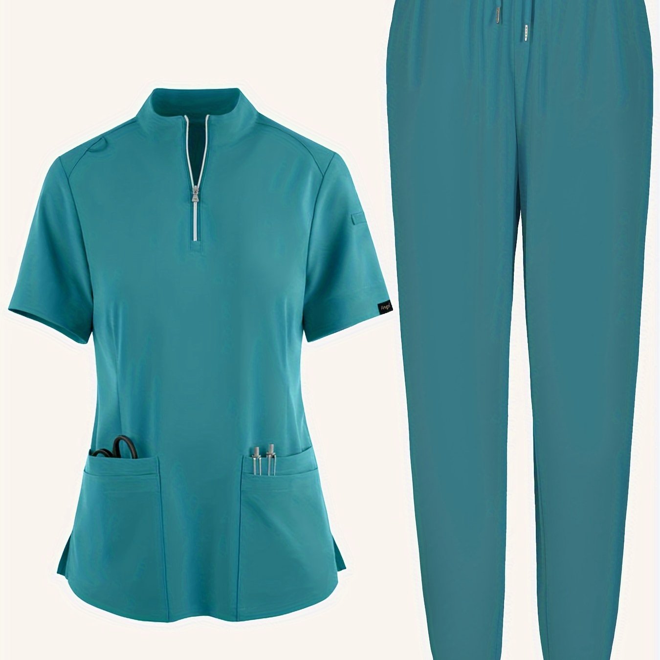 Solid Two-piece Set, Elegant Short Sleeve Scrub Top & Drawstring Pants Outfits For Medical & Health Care, Women's Clothing