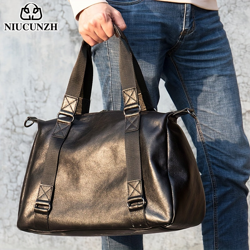 1pc Genuine Leather Tote Bag, Short-Distance Travel Duffel Bag, Casual Fitness Handbag