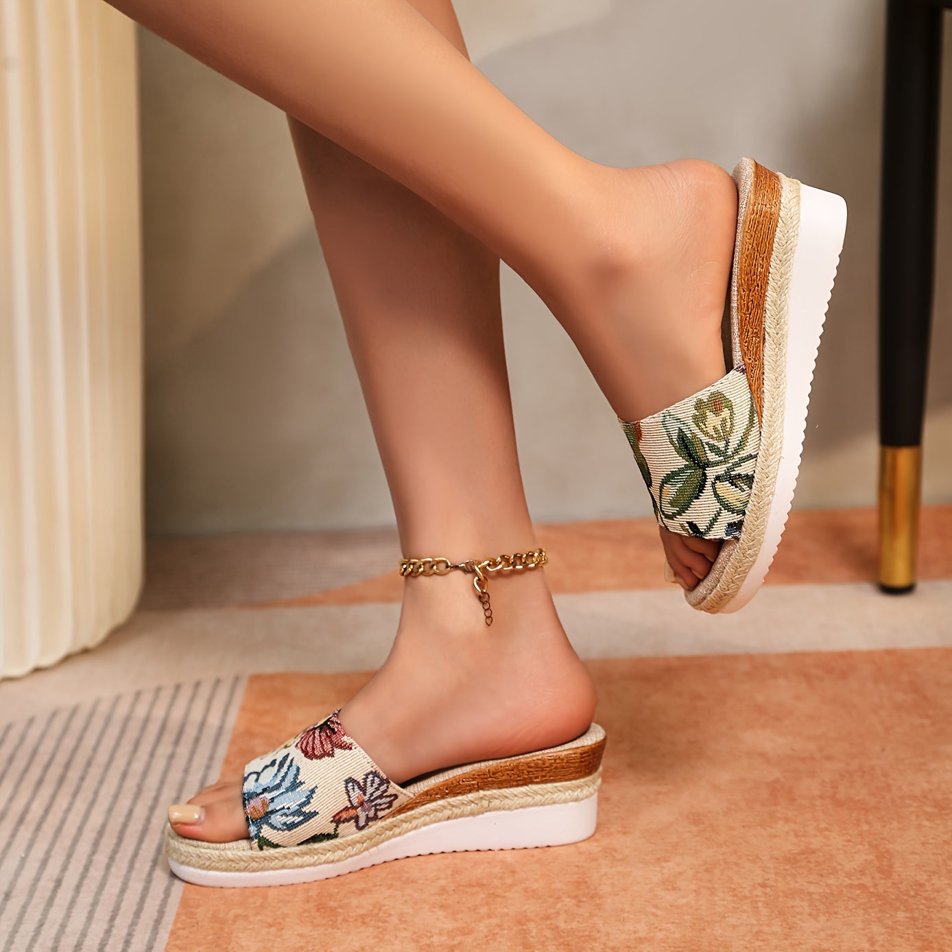 Women's Floral Pattern Wedge Slide Sandals, Casual Open Toe Espadrille Summer Shoes, All-Match Outdoor Sandals