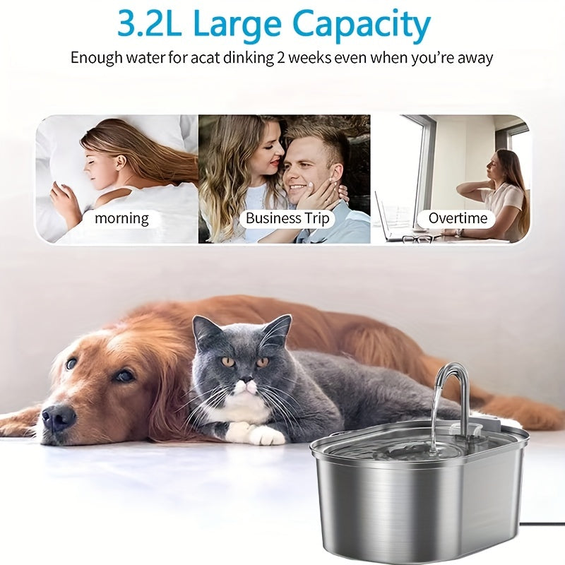 Fontaine d'eau automatique en acier inoxydable pour animaux de compagnie-Capacité de 3,2 L pour chats et chiens-Favorise l'hydratation et améliore la santé