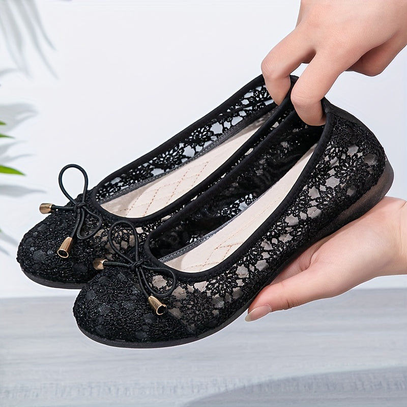 Women's Flower Mesh Flat Shoes, Elegant Bow Hollow Out Slip On Shoes, Casual All-Match Breathable Flats