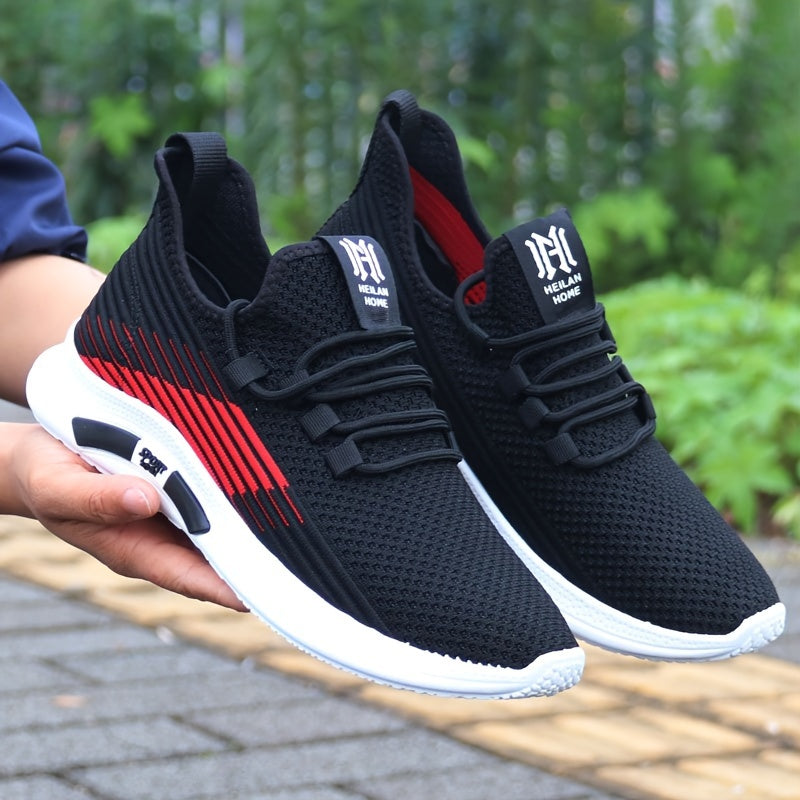 Men's Trendy Woven Knit Breathable Sneakers, Comfy Non Slip Lace Up Casual Soft Sole Shoes For Men's Outdoor Activities