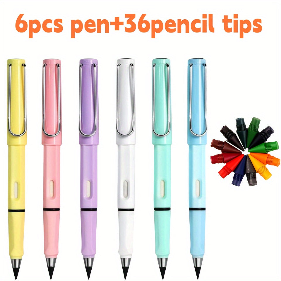 6pcs lápis + 36 pontas de lápis, lápis coloridos Eternity Infinity, lápis macios sem tinta Eternity com borracha, lápis mágicos Infinity, lindos materiais de escritório escolar para escrever, desenhar, pintar