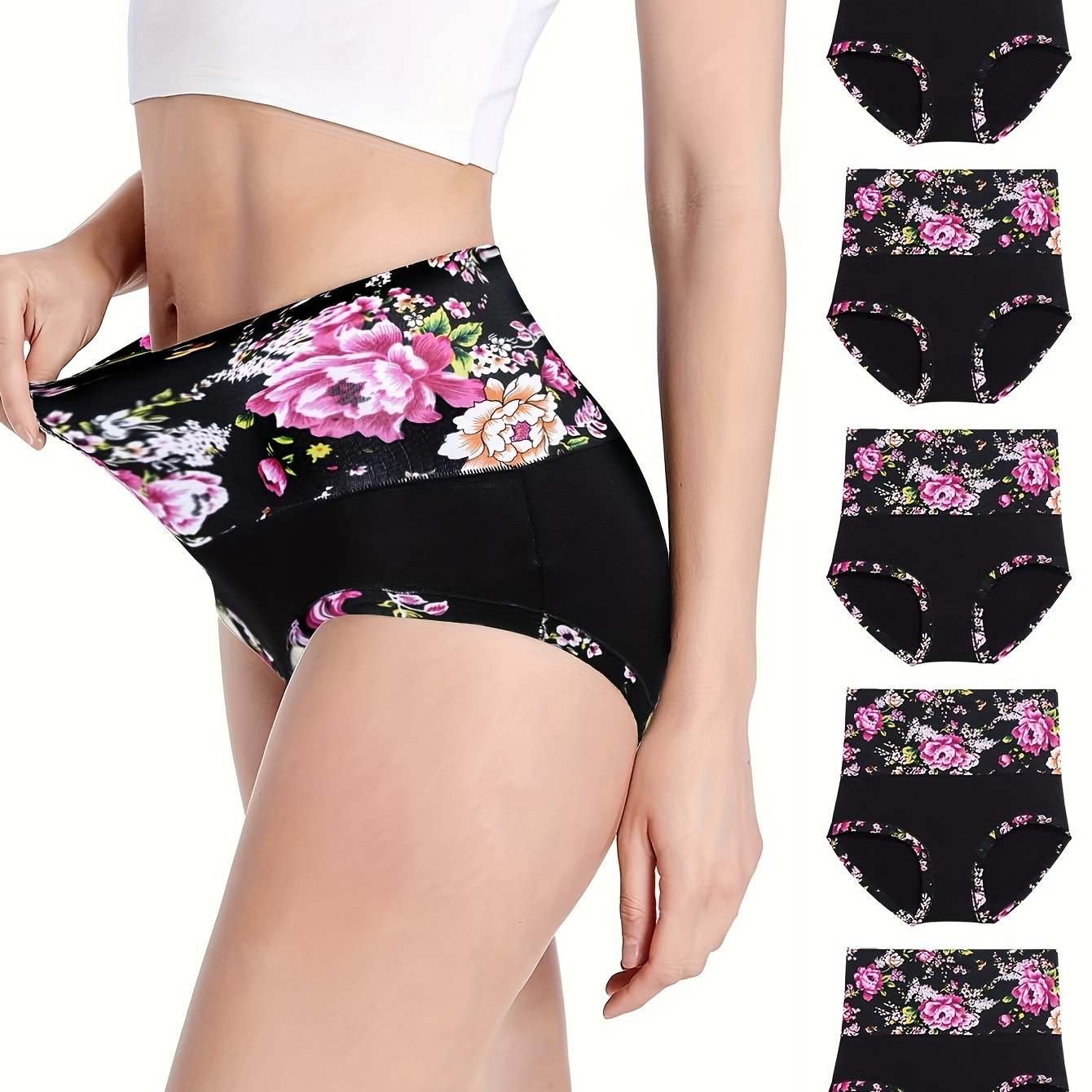 5pcs calzoncillos con estampado floral, cómodos y transpirables elásticos bragas, lencería y ropa interior de mujer