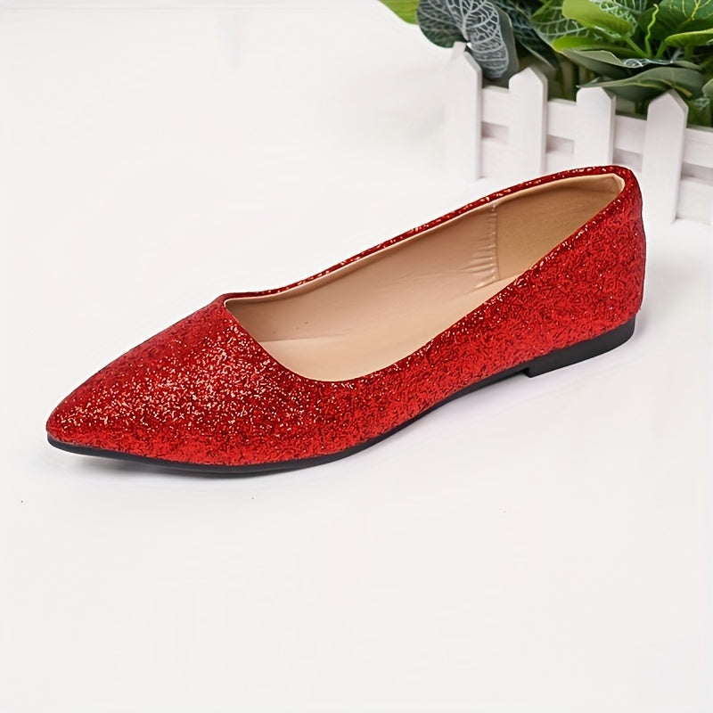 Women's Glitter Design Flat Shoes, Elegant Point Toe Slip On Shoes, Lightweight & Comfortable Shoes