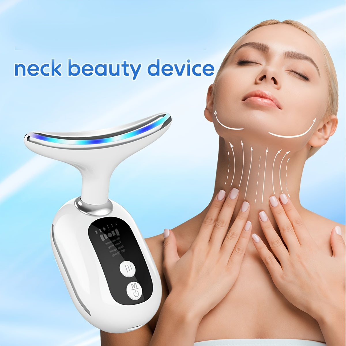 Neck Beauty Instrument, Triple Colour Light Face & Neck Massage Beauty Instrument USB Rechargeable, White, Gift For Women