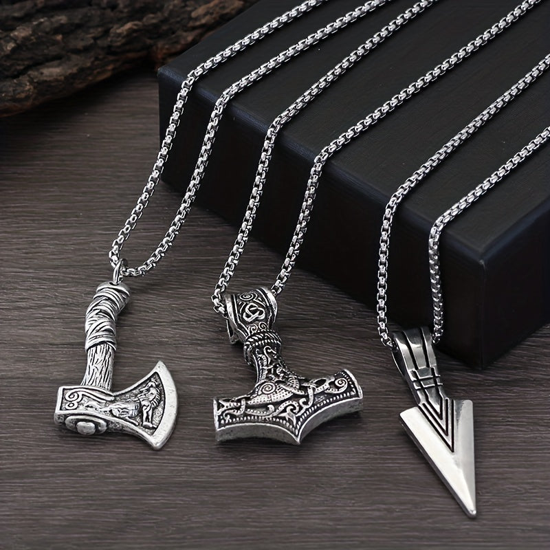 3pcs Viking Style Necklaces For Men, Hammer Compass Celtic Knot Wolf Ax Pendant Necklace, Nordic Amulet Pendant Necklace Holiday Jewelry Gift