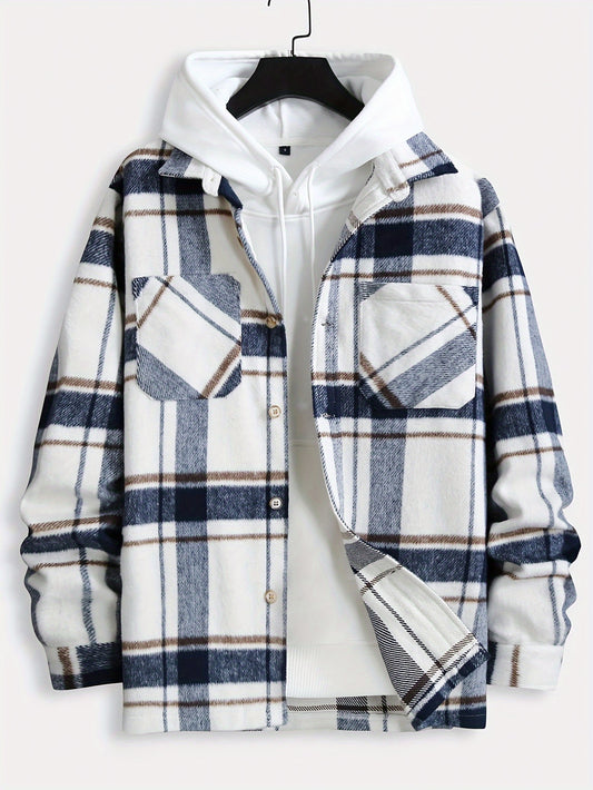 Big Plaid Pattern Men's Retro Casual Long Sleeve Lapel Shirt With Pocket Design, Fall Winter Outdoor