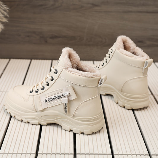 Women's Solid Color Platform Sneakers, Casual Lace Up Side Zipper Outdoor Shoes, Comfortable Plush Lined Shoes