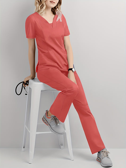 Solid Scrub Two-piece Set, Casual Short Sleeve V Neck Scrub Top & Pants Outfits, Women's Working Clothing
