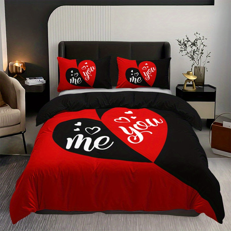 3pcs Duvet Cover Set, Black And Red Heart Pattern Bedding Set, Soft Duvet Cover For Bedroom, Guest Room (1*Duvet Cover + 2*Pillowcase, Without Core)