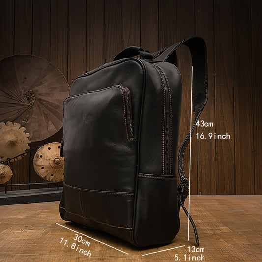 1pc Men's Top Layer Cowhide Backpack, Vintage Genuine Leather Travel Backpack, Trendy Laptop Storage Business Backpack