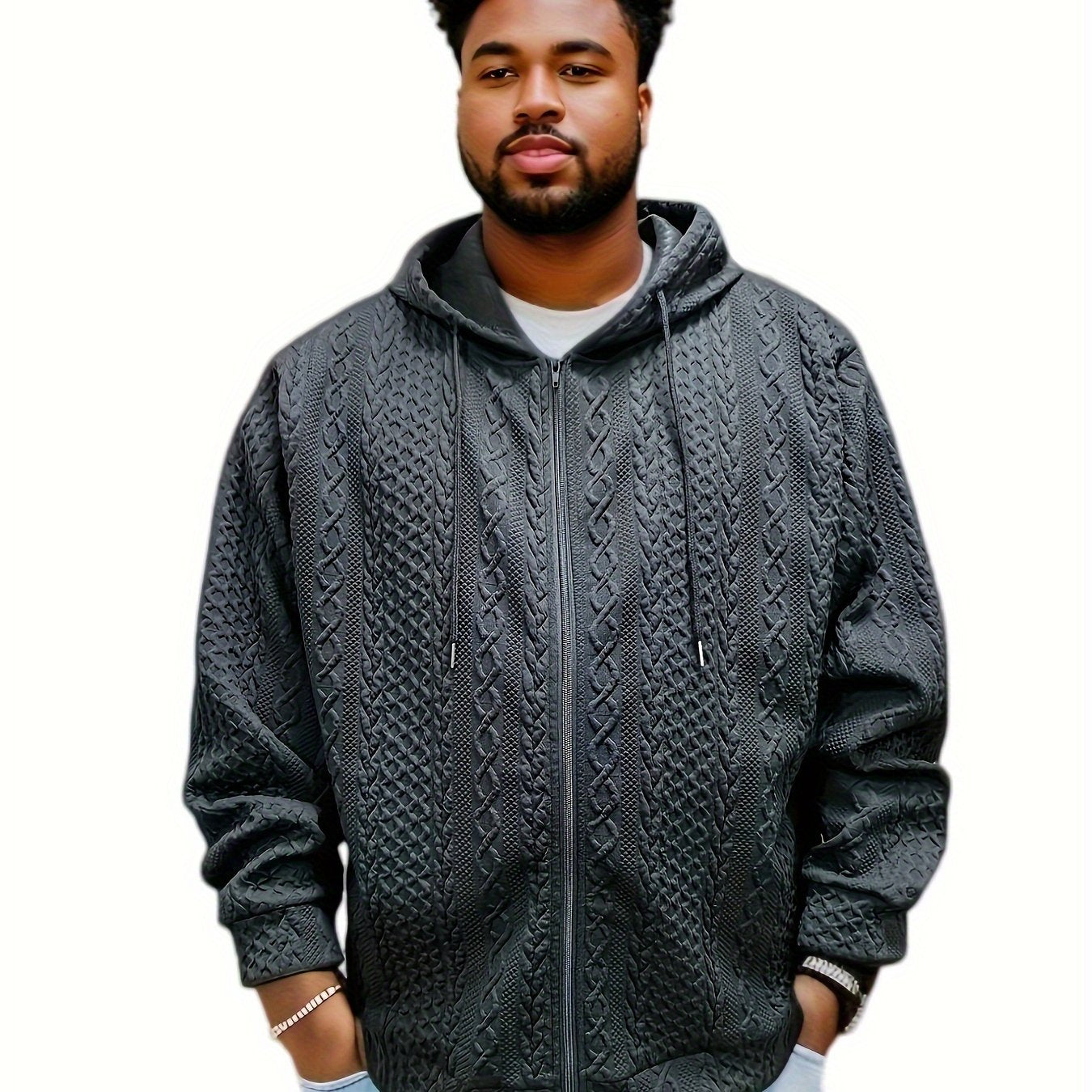 Plus Size Men's Solid Jacquard Hoodies Fashion Casual Hooded Jacket For Fall Winter, Men's Clothing