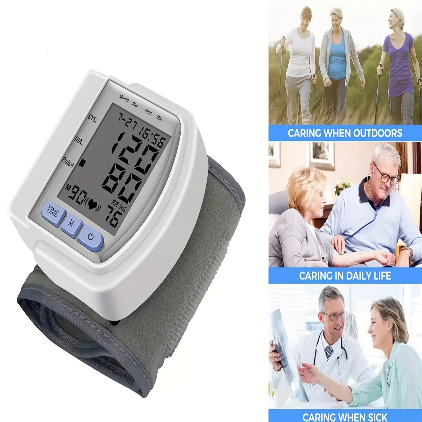 1pc Máquina de presión arterial Muñeca Monitor de presión arterial, LCD Ajustable Brazalete de Muñeca Monitor de Pulso con Detección Irregular de los Latidos del Corazón, Batería no incluida