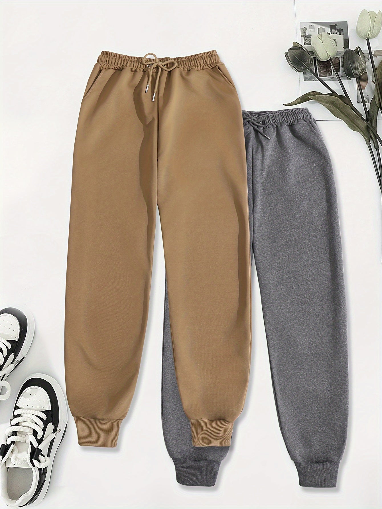 Two Pack Pants, Solid Drawstring High Waisted Sweatpants, Casual Every Day Pants, Women's Clothing