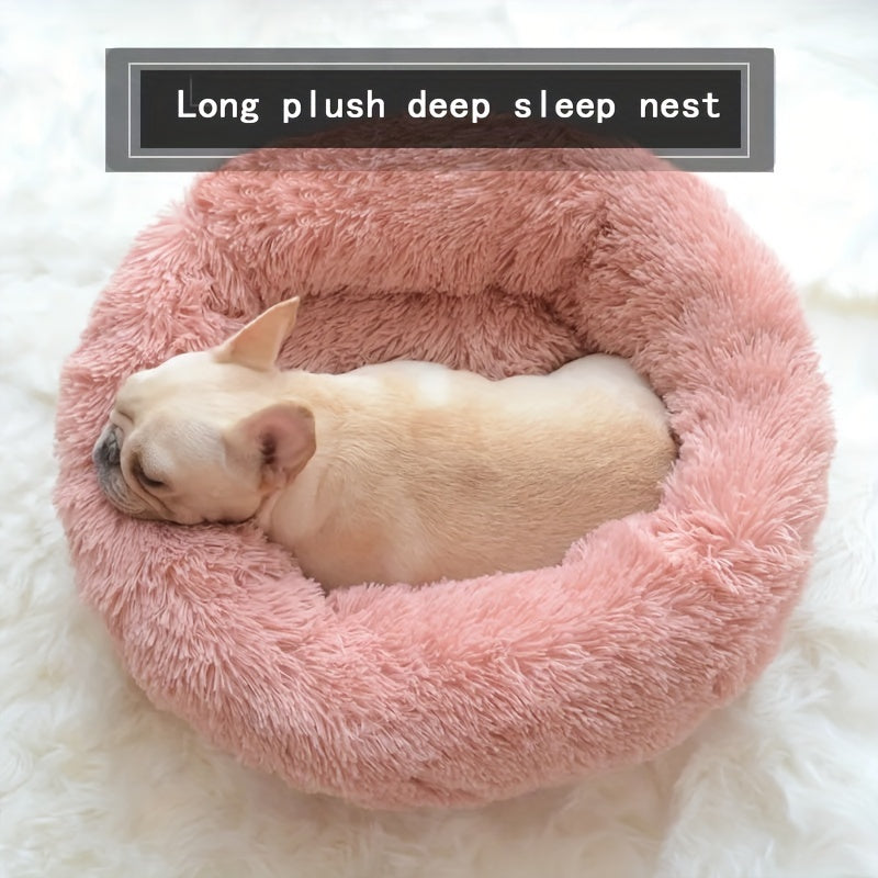 1pc Long Plush Warm Round Pet Nest Dog Nest Puppy Sofa Bed Winter Warm Dog Bed