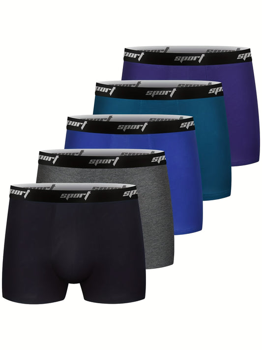 5pcs Men's Breathable Comfortable Soft Stretchy Plain Color Boxer Briefs With Elastic Wide Band, Men's Underwear