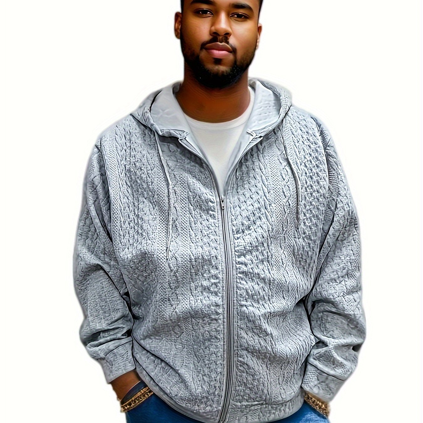 Plus Size Men's Solid Jacquard Hoodies Fashion Casual Hooded Jacket For Fall Winter, Men's Clothing