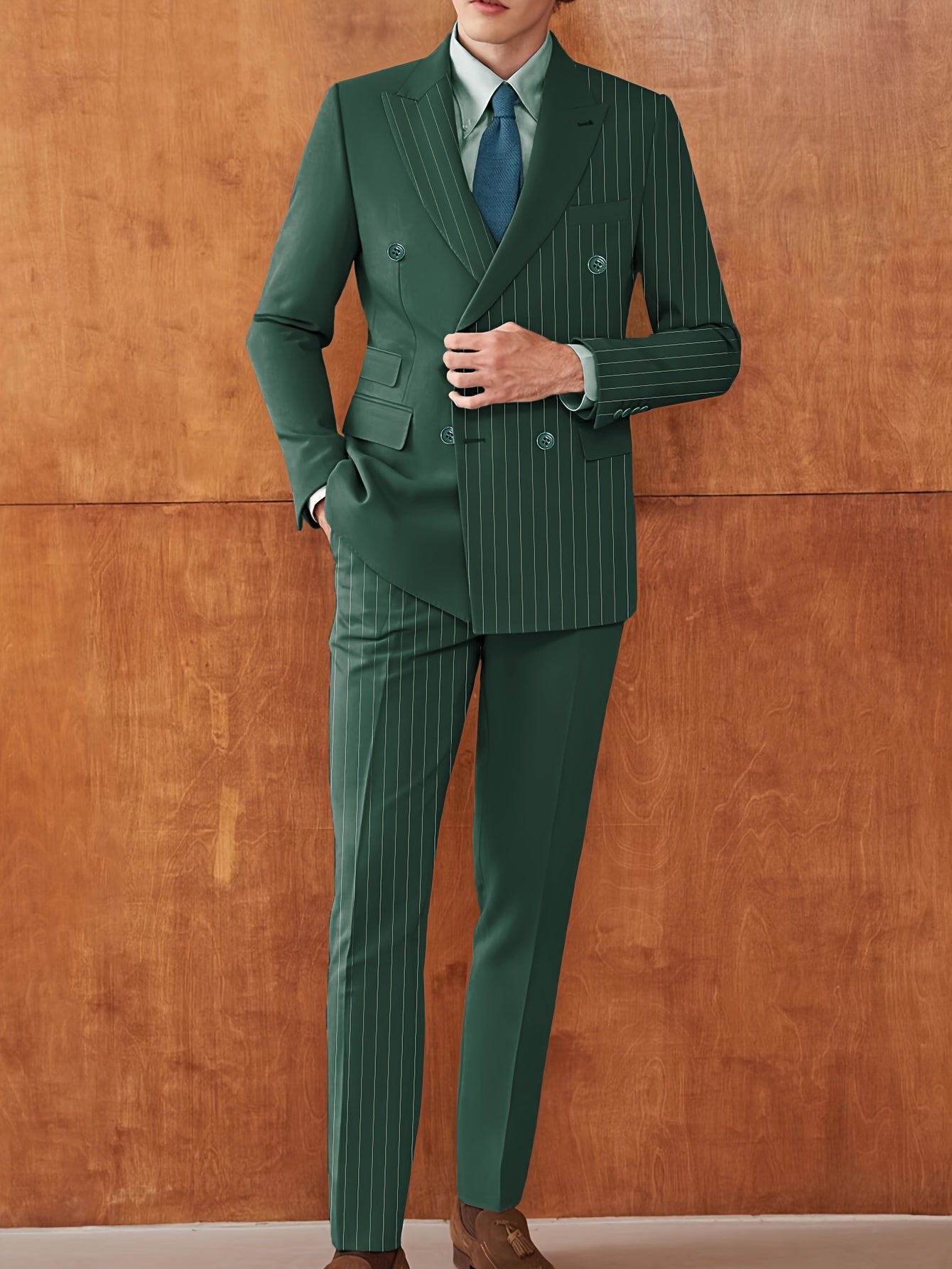 Formal 2 Pieces Set, Men's Double Breasted Striped Suit Jacket & Dress Pants Suit Set For Business Dinner Wedding Party