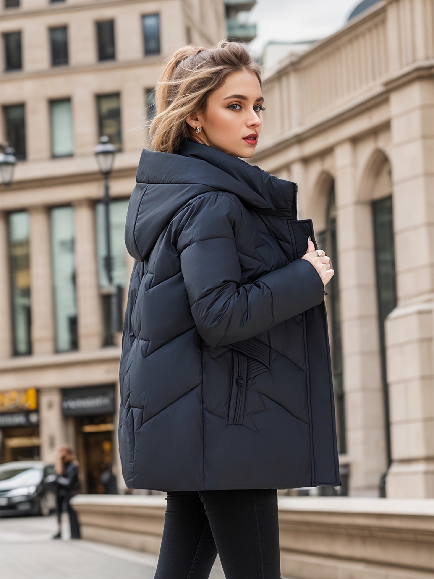 Zip-up Hooded Puffy Coat, Casual Thermal Solid Long Sleeve Coat For Fall & Winter, Women's Clothing