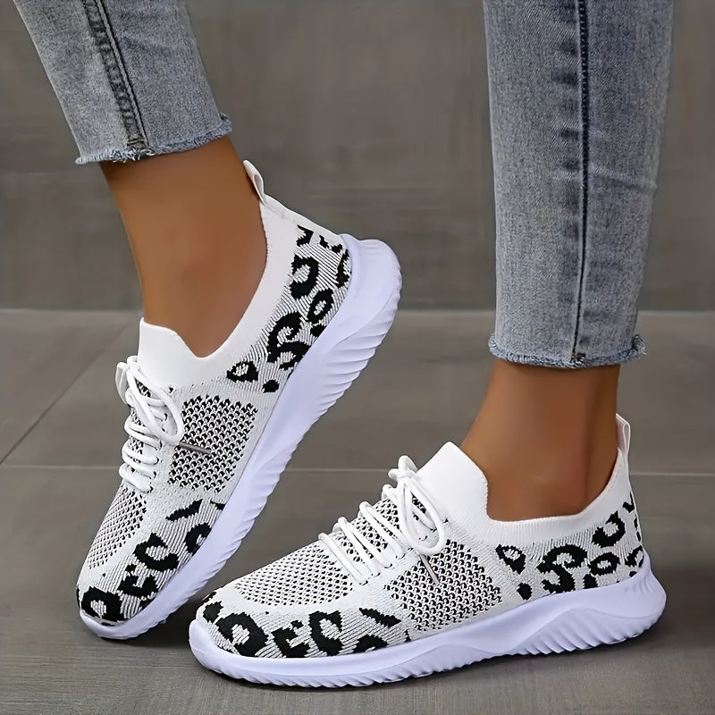 Women's Breathable & Lightweight Sneakers, Leopard Pattern Lace-up Running Shoes, Women's Footwear