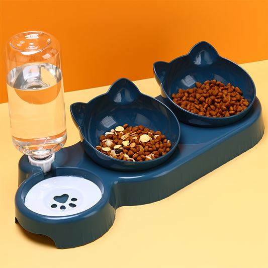 Automatic Pet Bowls With Water Feeder, 3 In 1 Ear Design Tilted Cat Water And Food Bowl Set With Gravity Water Bottle For Neck Protection