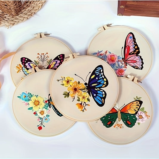 3pcs Butterfly Pattern Embroidery Kit, DIY Embroidery Starter Kit For Adults Beginners, Handmade Cross Stitch Set, Includes Embroidery Cloth With Patterns, Embroidery Hoops, Threads, Needles And Instructions, Home Decor Gift Art & Craft Supplies