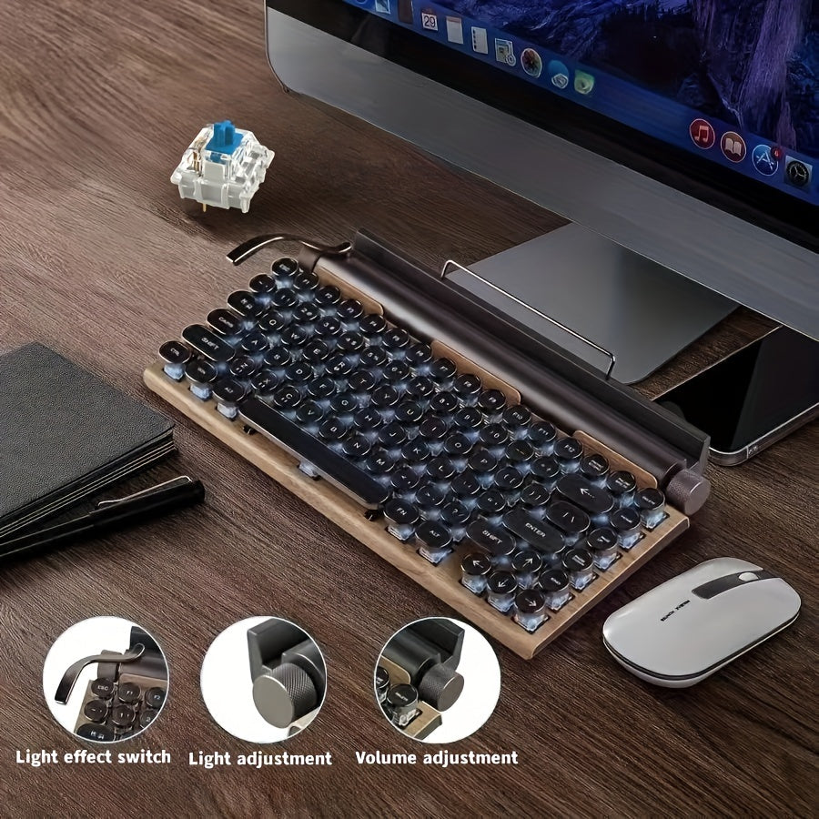 Wired And Wireless Retro Typewriter Mechanical Keyboard, Compact LED Backlit 83 Keys, Removable Axis Body, Round Keycap, Compatible With Windows\u002FmacOS\u002FAndroid\u002FLinux Mobile Phones And Tablets