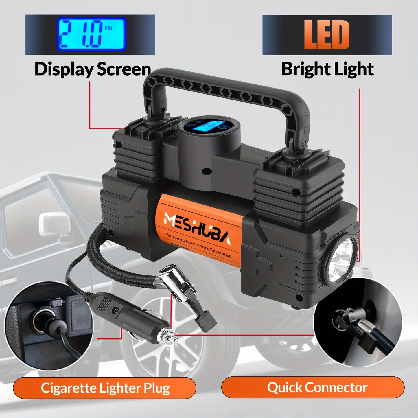 Inflador de pneus MESHUBA Compressor de ar portátil de 12 V, bomba de ar de 150 PSI para pneus de carro com manômetro digital para bola de motor de bicicleta de carro, laranja