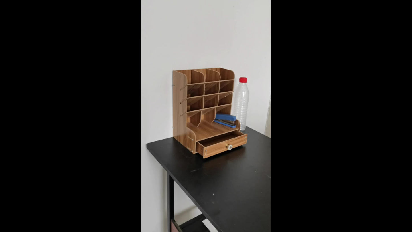 1pc Multifunctional Wooden Desk Organizer With Drawer For Home, Office, And School Supplies - Cherry Finish The Creator Of A Clean Desktop