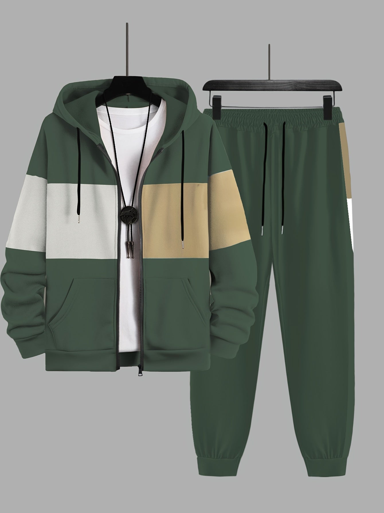 Plus Size Men's 2Pcs Outfits, Contrast Hooded Jacket & Joggers Set For Spring Fall Winter, Men's Clothing