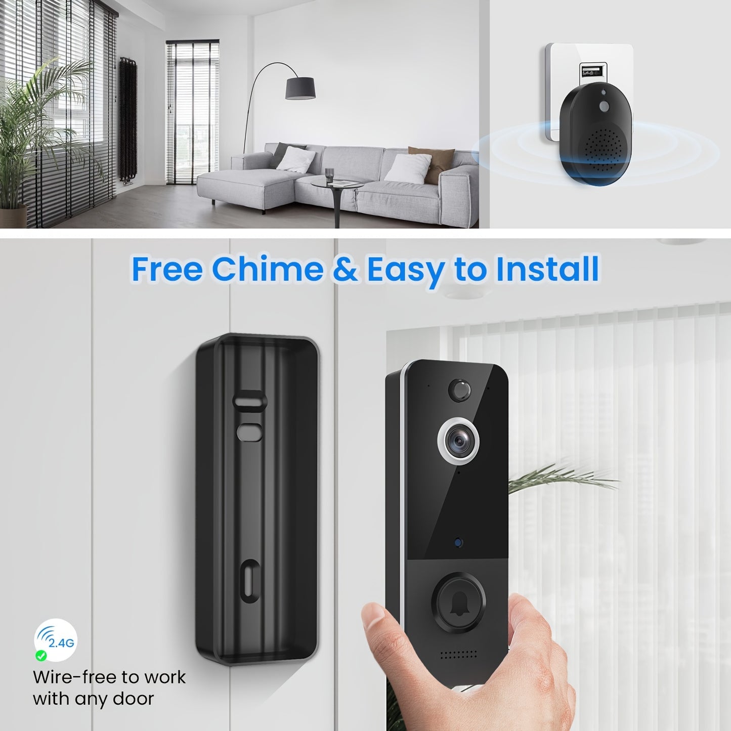 1pc Smart Wireless Video Doorbell Camera - AI Deteção Humana, HD Live Image, 2-Way Audio, Visão Noturna, Bateria alimentada, 2.4G WiFi, 100% Wire-Free & IP65 Waterproof Design