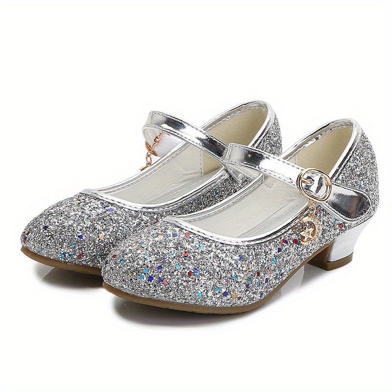 Kids Teenagers Girl's Low Heel Shoes, Shiny Sequins Princess Dress Shoes For Party, Spring And Summer