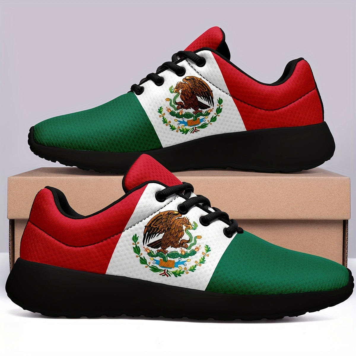 Tênis masculino plus size moderno com padrão de bandeira nacional do México, confortável, antiderrapante, casual, sola macia, cadarço, para atividades ao ar livre masculinas