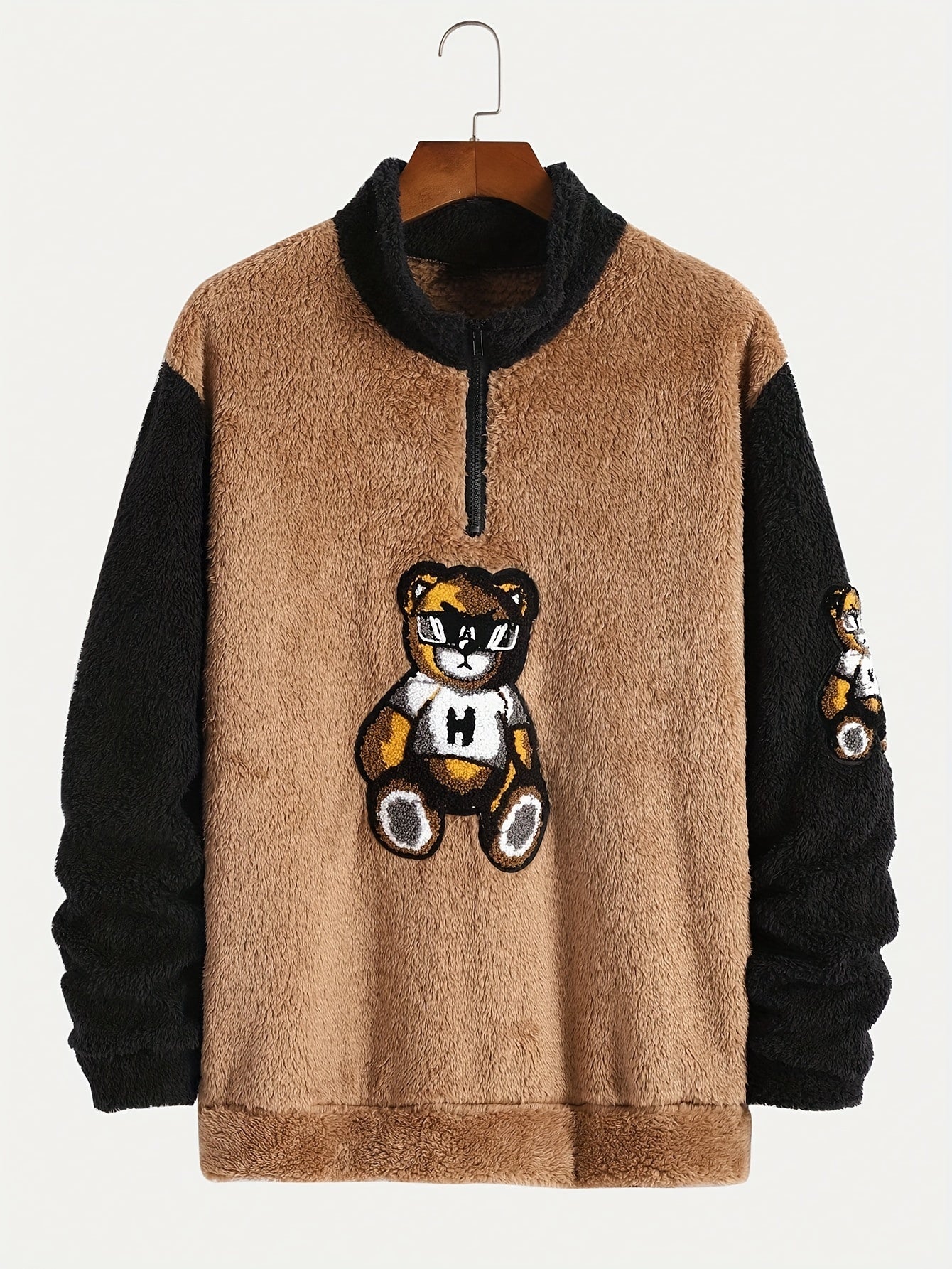 Men's Color Block Fuzzy Bear Pattern Sweatshirt, Half Zip Stand Collar Warm Pullover For Autumn Winter