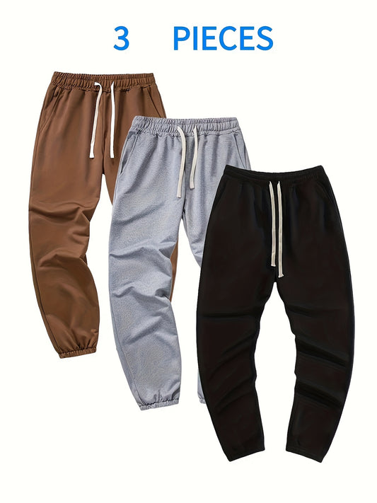 3Pcs Solid Sweatpants Set, Drawstring Sweatpants Loose Fit Pants Men's Casual Slightly Stretch Joggers For Men Spring Autumn Running Jogging