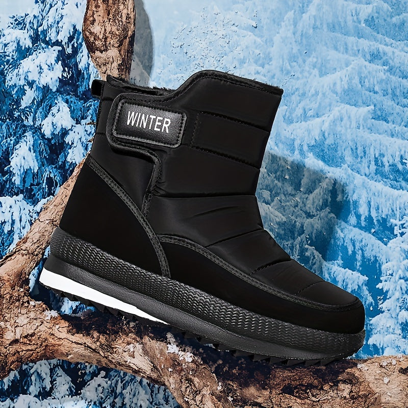 Men's Snow Boots With Hook And Loop Fastener, Winter Thermal Shoes, Windproof Outdoor Boots With Faux Fur Lining