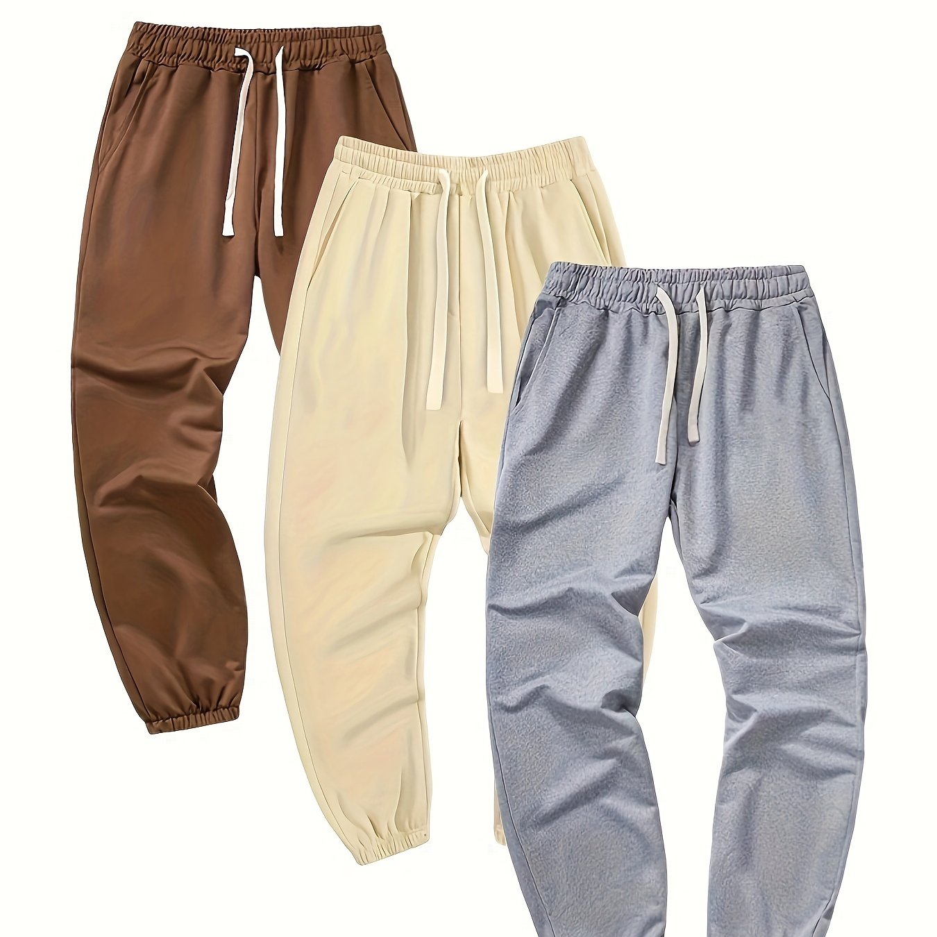 Conjunto de 3 peças de moletom sólido, calça de moletom com cordão, calças de ajuste solto, casual, ligeiramente elástico, para homens, primavera, outono, corrida, corrida