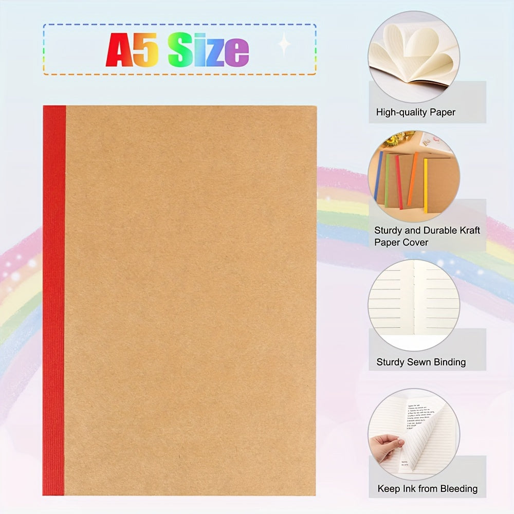 60pcs A5 Kraft Paper Notebooks, Writing Notebook, Lined With Diary, 15 Colors, With Rainbow Edges, 60 Pages, Suitable For School Office Supplies, 8.3x5.5 Inches