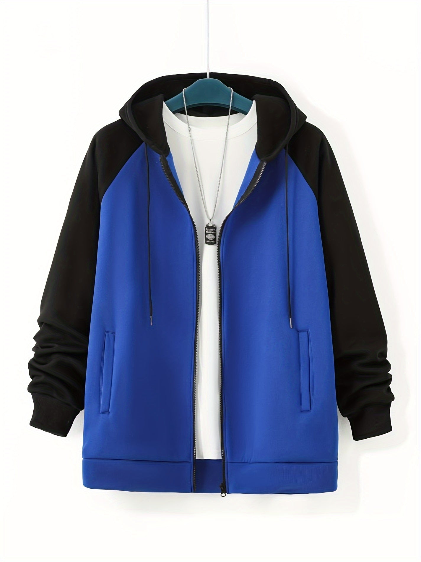 Plus Size Men's Full Zip Hoodies, Color Block Long Sleeve Drawstring Jacket Best Sellers