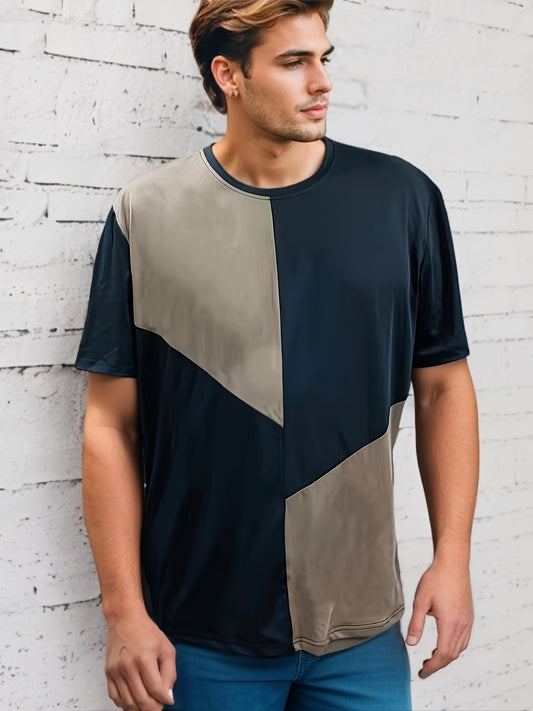 Plus Size Men's T-shirt, Contrast Color Short Sleeve Tees For Summer, Men's Clothing Outdoor