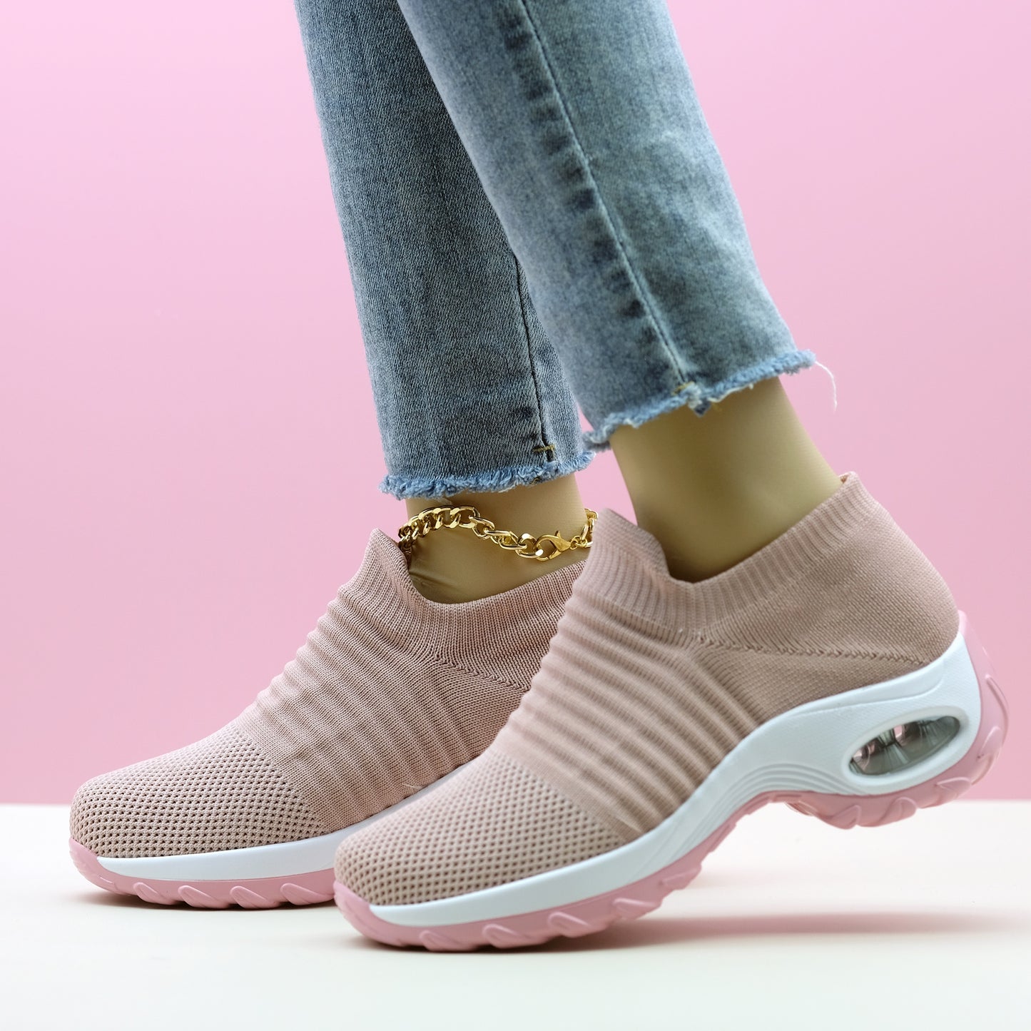 Zapatillas de deporte de punto transpirables para mujer, zapatos cómodos sin cordones, zapatos con cojín de aire para mujer