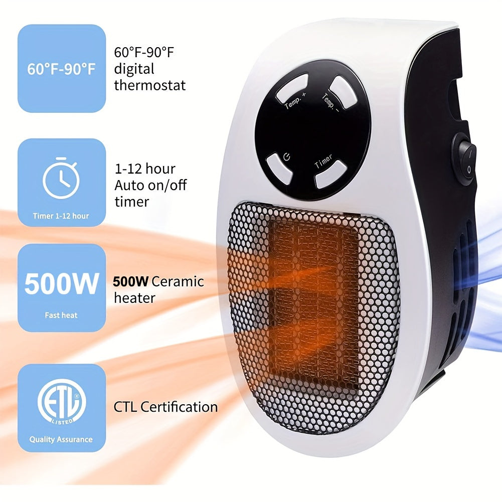 1pc, Small Heater With Heating And Fan Modes, 500W Space Heater, Wall Outlet Electric Space Heater As Seen On TV With Adjustable Thermostat And Timer And Led Display, Compact For Office Dorm Room