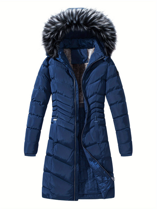 Long Sleeves Long Puffer Jacket, Windproof With Zipper Pockets Furry Long Quilted Coat, Women's Activewear
