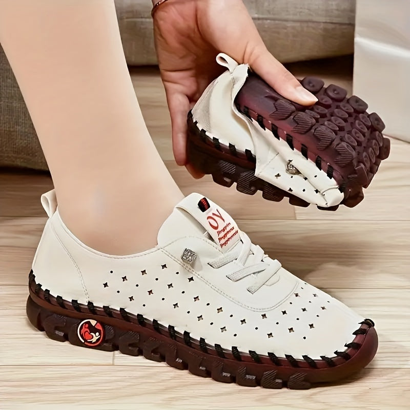 Women's Hollow Out Flat Shoes, Breathable Lace Up Low Top Walking Shoes, Solid Color Sneakers