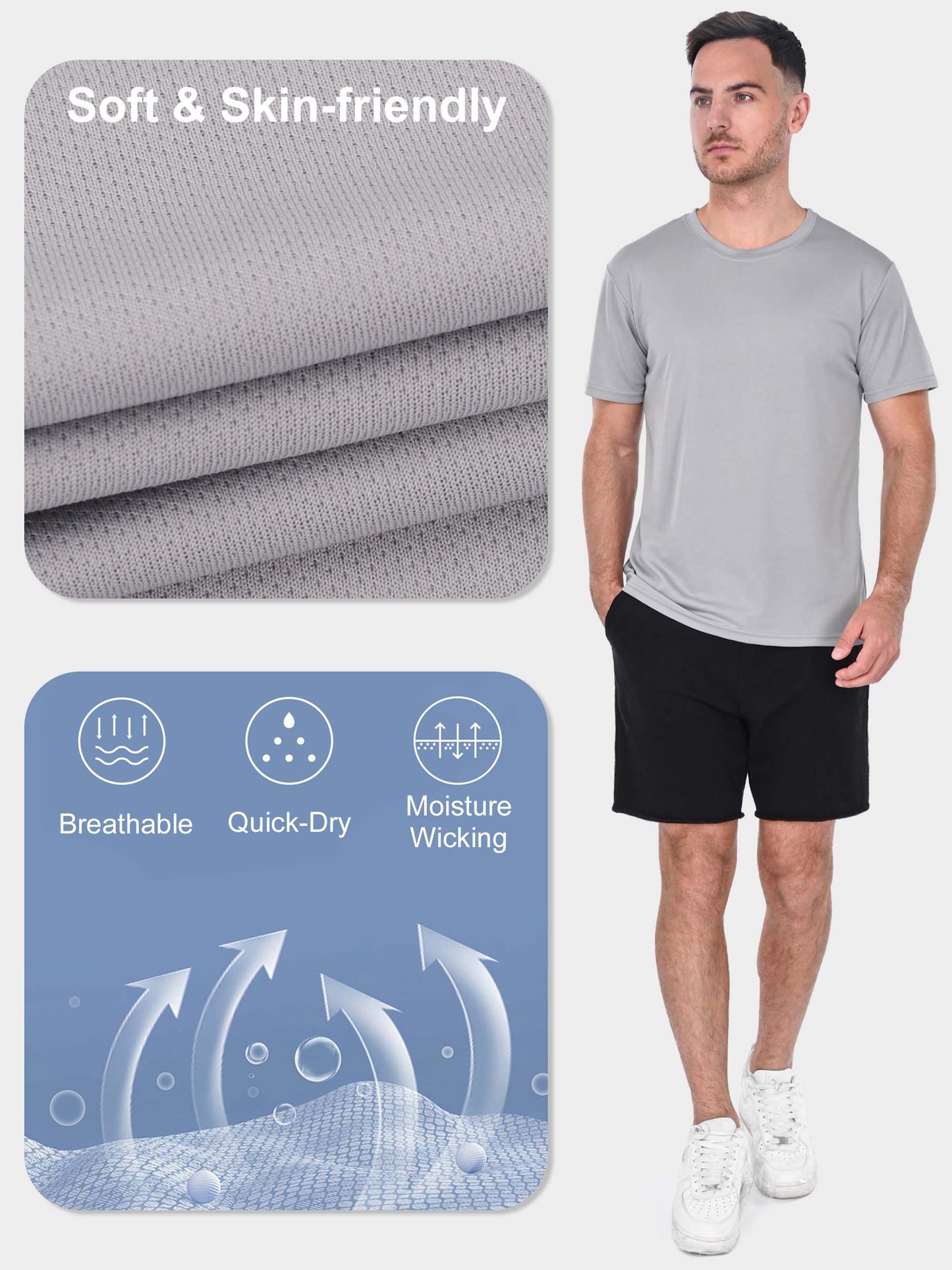 Plus Size 5PCS Men's Sports Casual Fitness Running T-shirts, Quick Dry Breathable Sweat-absorbent Tees, Men Clothing