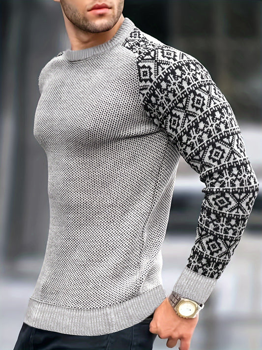 Waffle Trendy Patchwork Sweatshirt, Men's Casual Ethnic Pattern Sleeves Crew Neck Sweatshirt For Men Fall Winter